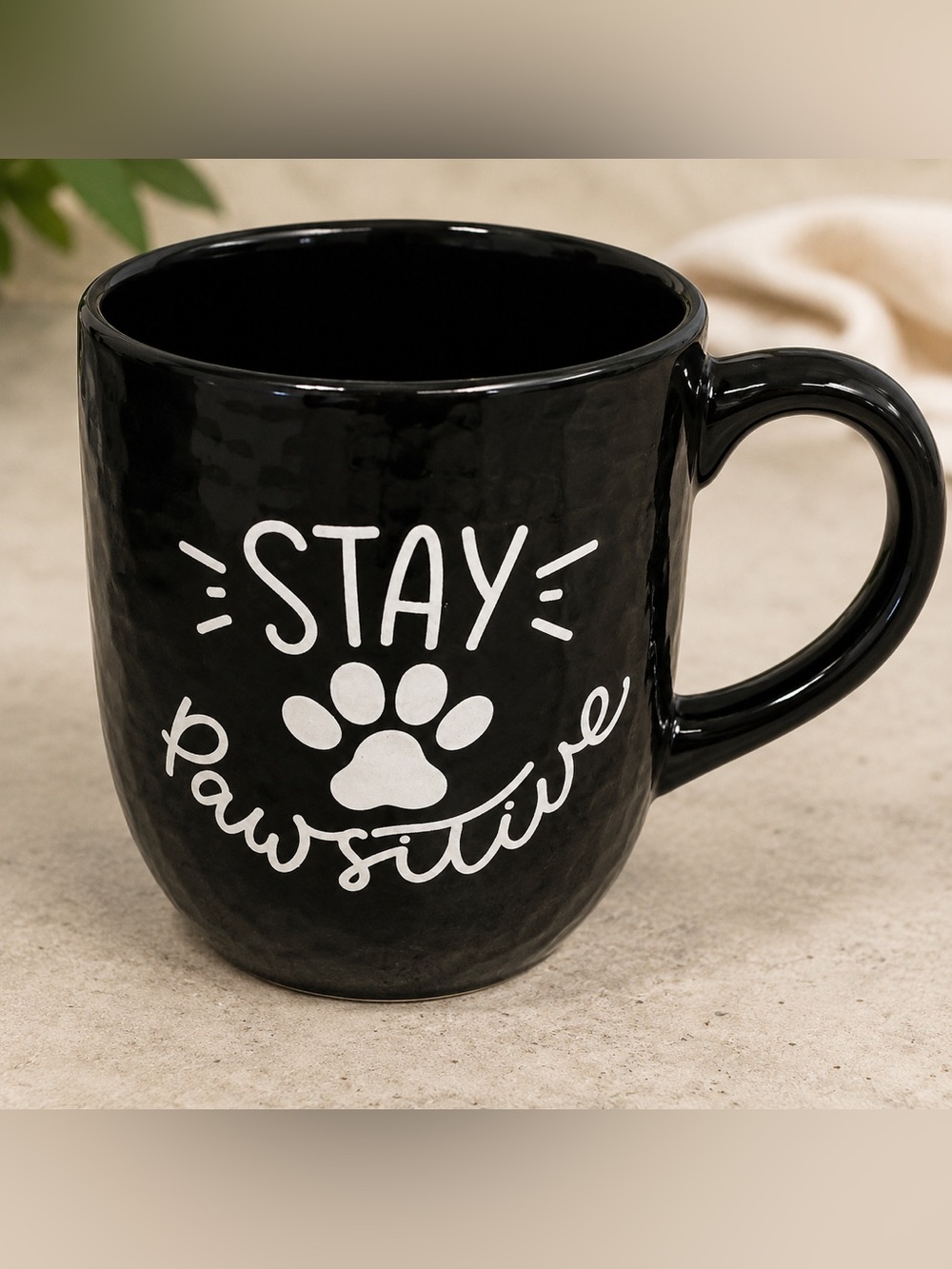 Stay Pawsitive Black Ceramic Dog Lover Mug - Paw Print Design